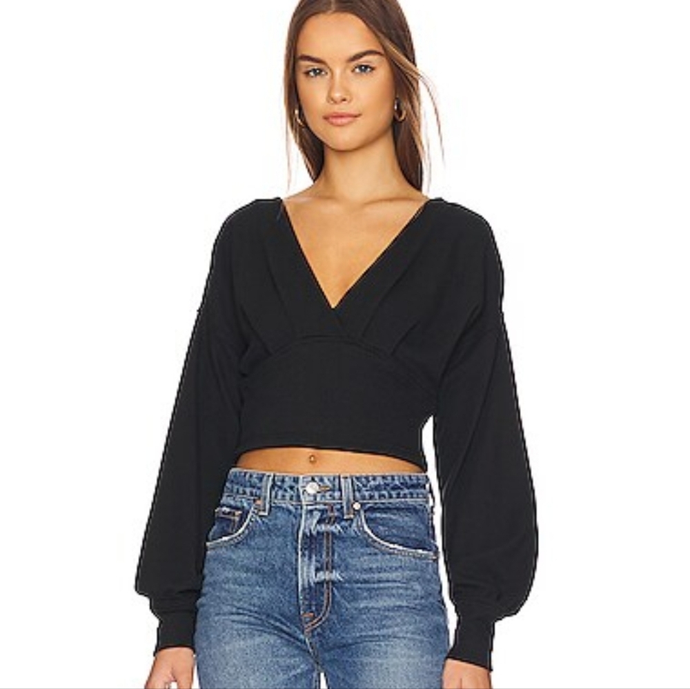 FREE PEOPLE All Nighter Long Sleeve Surplice Crop Top Black Small